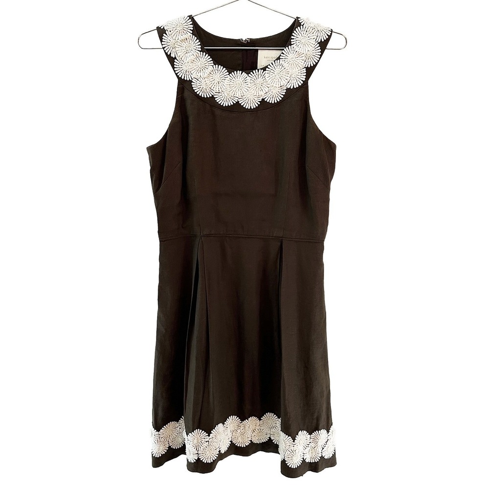 KATE SPADE 100% Silk Floral Appliqué Dress • 8 • brown • chic quiet luxury boho‎